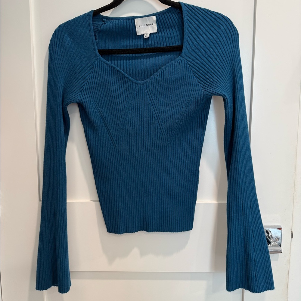 Pink Rose Teal Ribbed Knit Top